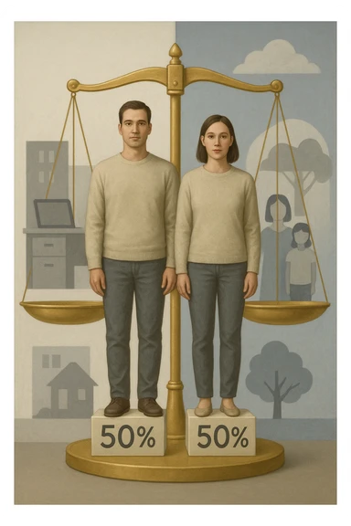 Uomo e donna in piedi l’uno accanto all’altra, al centro di una bilancia perfettamente in equilibrio. Entrambi vestiti in modo simile (moderno e neutro), con espressioni serene e rispettose. Sotto i loro piedi, due blocchi con scritto '50%' ciascuno. Sullo sfondo, elementi divisi simmetricamente: lavoro, famiglia, tempo libero, rappresentati equamente da entrambi. Atmosfera armoniosa, illuminazione equilibrata, colori neutri e simbolici (bianco, grigio, blu e oro). Stile realistico con accento simbolico sul concetto di equità sticker