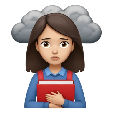 A worried light-skinned brunette girl shown from the waist up. She’s holding schoolbooks tightly to her chest, with a sad and anxious expression on her face. Small dark clouds hover above her head, symbolizing stress or exam anxiety. Her posture is tense, and her brows are furrowed. sticker