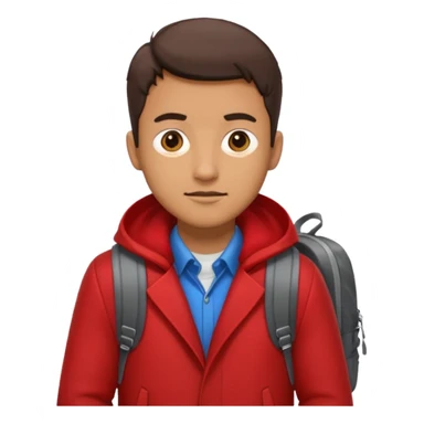 Man in red coat, backpack sticker