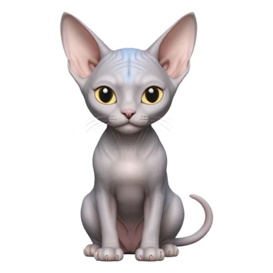 A 3D cartoon silver-gray Sphynx cat with smooth skin, gentle expression, elegant pastel lighting, cinematic Memoji rendering. full body or half body. sticker