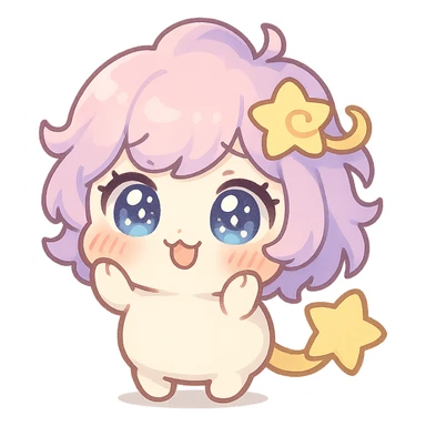 Stella Puff (星星噗噗) kawaii chibi style, front view, acting cute and coquettish (撒娇/卖萌), big sparkling glassy blue-violet eyes, puffy pastel pink-purple gradient hair with a yellow star swirl, creamy white round body, coral pink blush, short arms and legs, soft golden star tail, clean lines, transparent background sticker