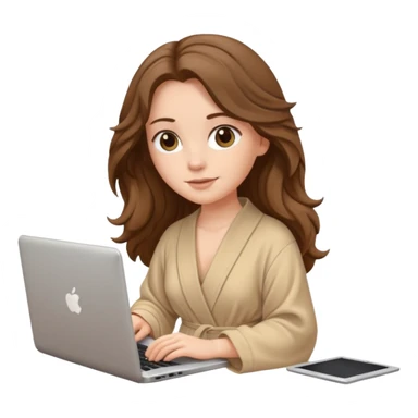 make a picture in ios 18 style of a white girl with brown long wavy hair wearing beige robe and working on a laptop sticker