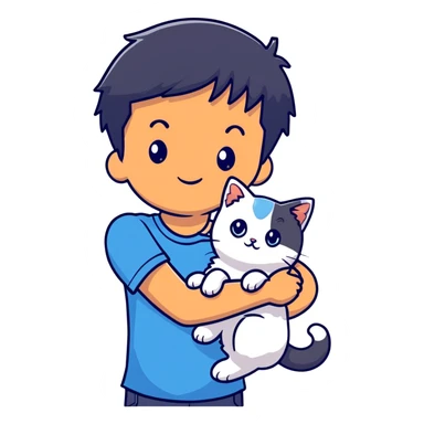 teenage boy with black hair wearing blue short sleeve shirt holding a white ragdoll cat sticker
