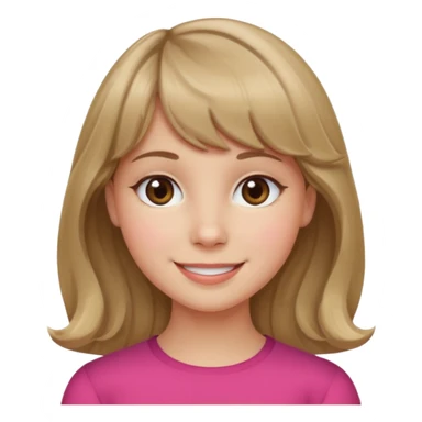A girl with wavy, dark blonde hair, straight bangs, and straight eyes. She is smiling. sticker
