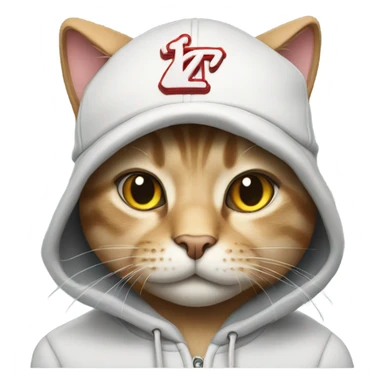 Cat wearing a hoodie and a baseball cap sticker