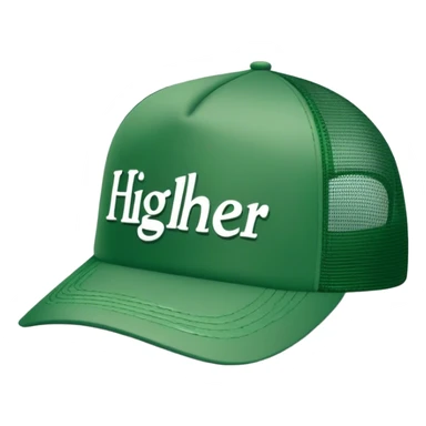 green higher trucker hat with center text "HIGHER" written on it,  white center sticker