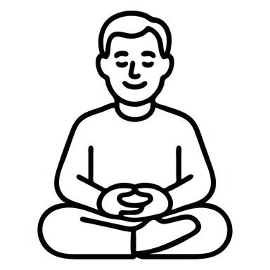 gray haired 50-year old white man peacefully meditating, smiling, back straight, legs crossed, hands in his lap, serene, calm, mindfulness, manifesting, minimal line art style sticker