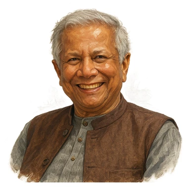 Мухамма́д Юну́с в слегка рисованном, но при это объемный стиль, прозрачный фон sticker