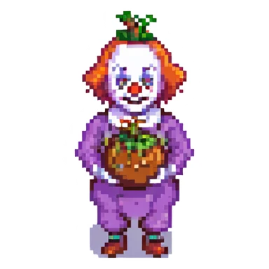 clown holding an eggplant, pixel art style sticker