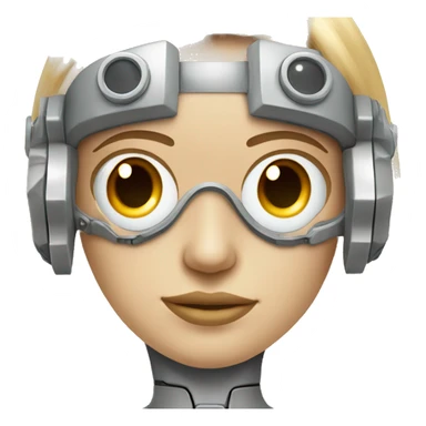 female cyborg head, fair skin, Brown long hair with blonde steaks, space age goggles and circuits sticker