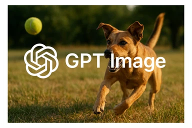  logo of chat gpt with text "GPT Image" on the background of a dog chasing ball, realistic image sticker