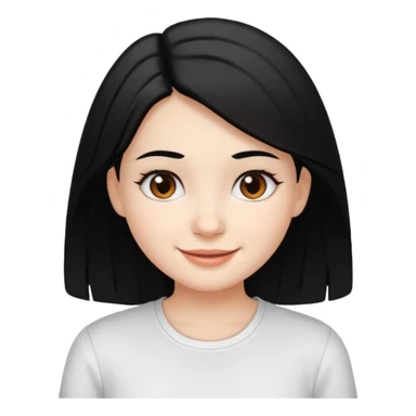 a girl with white skin, black hair, brown eyes, and a white shirt, smiling sticker