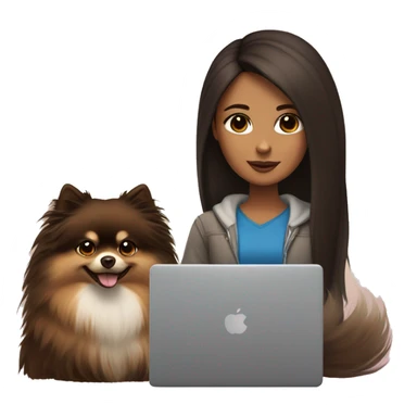 A girl with long dark brown hair, brown eyes in front of a laptop with a pomeranian next to her sticker