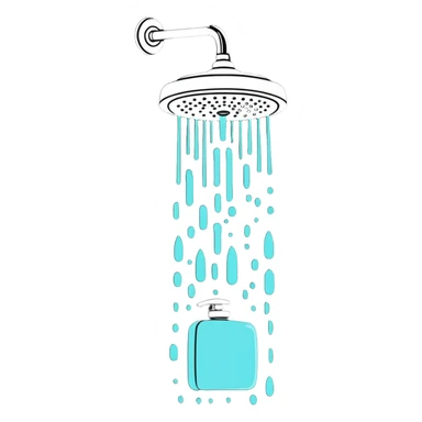 a showerhead spraying water with soap and shampoo bottles sticker