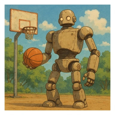 a basketball robot, ghibli style sticker