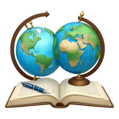Create an emoji representing language translation. The design should feature just one globe in the background, symbolizing international communication. In front of the globe, place two opened books with texts on them and a pen nearby to indicate the act of writing. Use a clean and professional color palette with blues, greens, and neutral tones. Make the background transparent. sticker