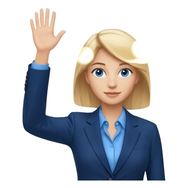 Make emoji of business woman with light skin and medium blonde hair in a dark blue business suit and light blue shirt waiving to new clients.  Woman should have sparkling blue eyes. sticker