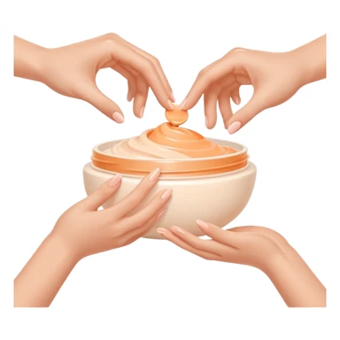 Minimal emoji of hands gently applying skincare cream, soft nude and peach tones, clean beauty aesthetic, calm and elegant, subtle glow sticker