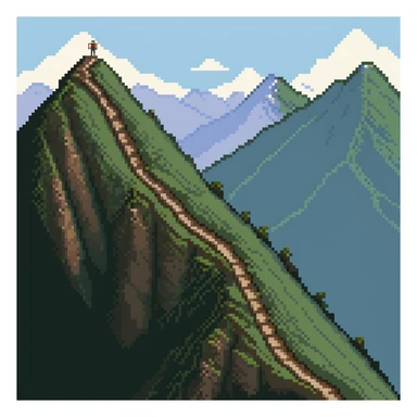 person traversing down one mountain and up another mountain, showing path through a valley sticker
