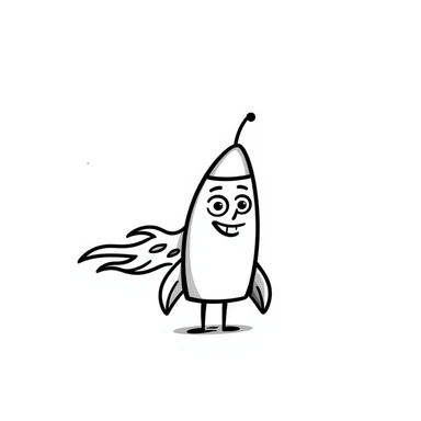 A hand-drawn toy rocket with a silly grinning face and flame trail sticker
