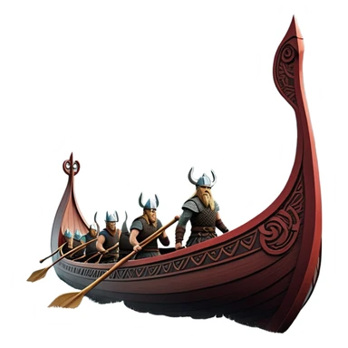 detailed-cinematic-viking-longboat, rendered in a flat, bold vector style with minimal shading, featuring a striking dragon-headed prow slicing through waters. shields on the side and vikings rowing The longboat’s, the boat has carved motifs evoke a sense of epic adventure and Nordic might, with billowing sails catching a dramatic, stormy sky backdrop. sticker
