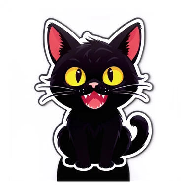 Cute black cat with closed mouth but visible fangs sticker
