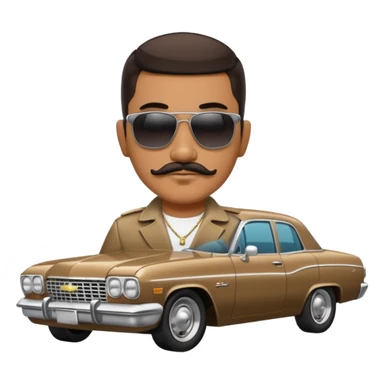Hispanic gangster with thick mustache and dark sunglasses with a Chevy impala car in the back  sticker