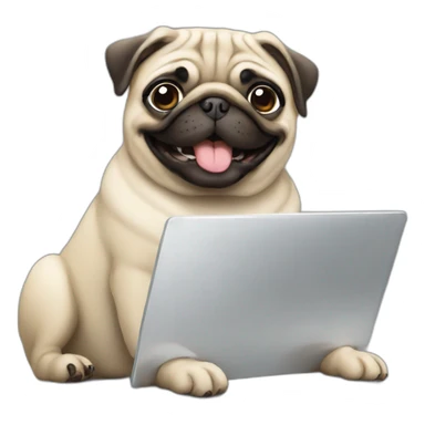 Pug smiling with a laptop sticker