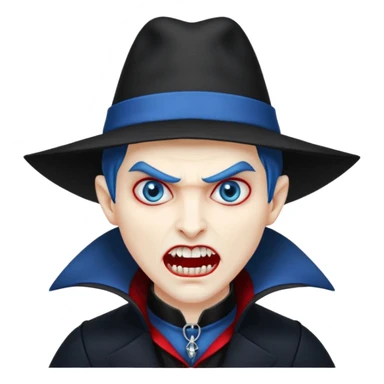 Vampire with blue hat ,black coat with read collared ,teeth looks like vampire with aggression on face and a full body. sticker
