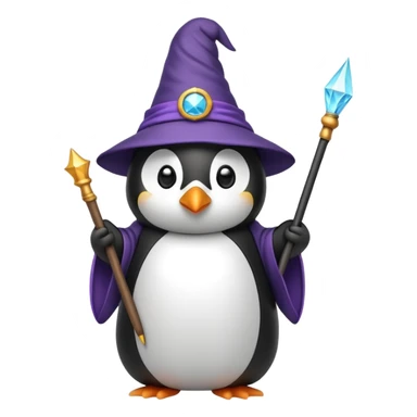 penguin wearing a wizard hat and robe, holding a magic wand sticker