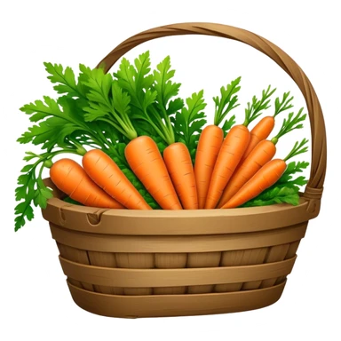 Cinematic vibrant orange carrot, crisp and fresh, slightly twisted with green leafy tops, arranged in a rustic wooden basket, natural and inviting. sticker