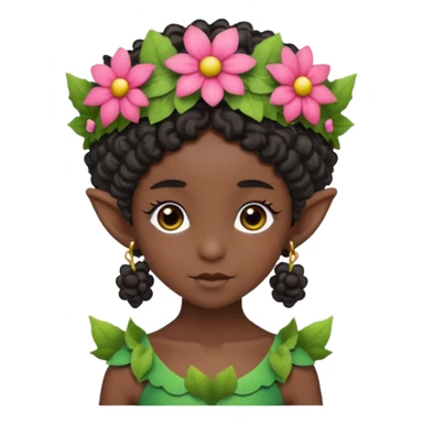 tiny Elf with Flower Crown, curley hair, black sticker