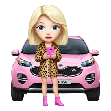 a blondie queen Arina in a leopard fur and pink iPhone 16 on her kia Sportage white car. blue eyes sticker