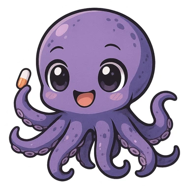 cute small anime kraken with wide, excited eyes, holding a tiny amphetamine pill, darknet and drugs theme sticker