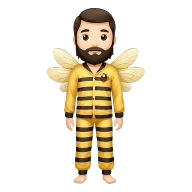 Grown up man with long dark brown long hair, white skin, medium beard, full body in cute bee pijama sticker