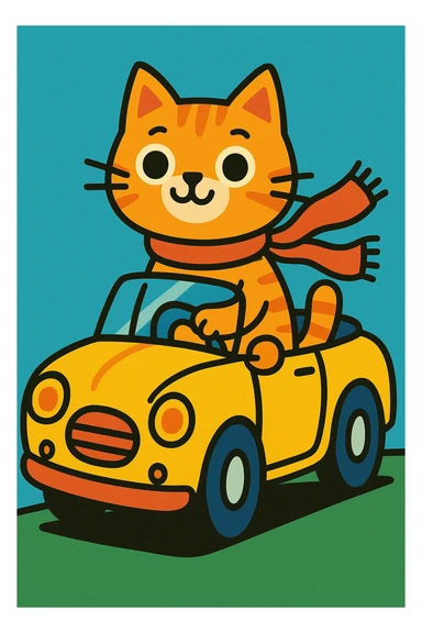 a cute cat with a scarf in a yellow convertible, whimsical illustration sticker