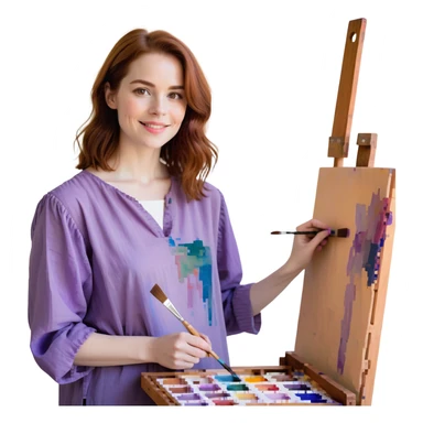 Serene female oil painter, Caucasian features, shoulder-length auburn hair, soft brown eyes, gentle smile, wearing a violet painter’s smock lightly stained with paint over a beige blouse, holding a wooden palette with vibrant colors in one hand and a brush in the other, waist-up, front-facing sticker