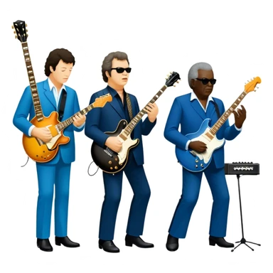 Icon for Blues Music: close-up collage of legendary blues artists. Gary Moore, Eric Clapton, B.B. King and Joe Cocker. Represented by silhouettes or symbolic items like guitars, microphones, or music notes, reflecting the soulful energy of blues music. Transparent background. sticker
