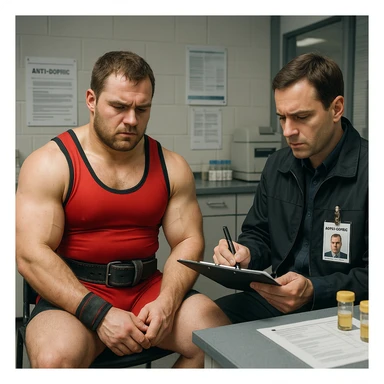 European powerlifter in anti-doping test room, competition clothing, official checking documents, serious atmosphere, realistic details, background of laboratory or control room. sticker