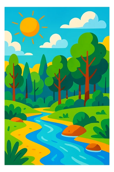 Summer landscape with a forest, a river, and lush greenery, vibrant and colorful sticker