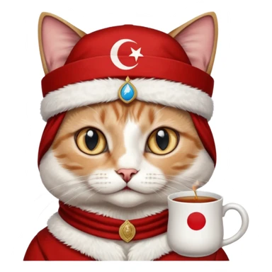 Arkasında Türk bayrağı olan  ve çay içen kafasına fes takan bir van kedisi sticker