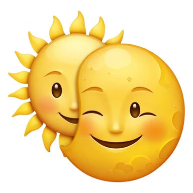 a really bright  big sun and a small moon who shines because of it. the sun is bigger and the tiny \moon bright too beside it smiling looking at each other sticker