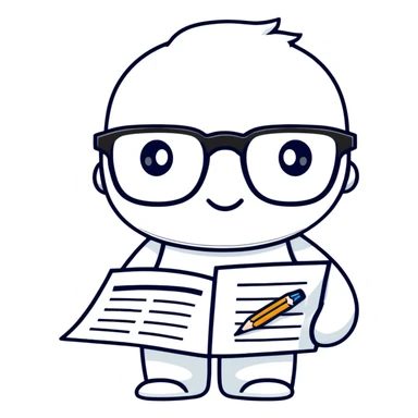 precise pencil character with glasses checking a document as a pedant mascot sticker