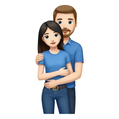 tall white guy with brown hair goatee mustache wearing blue shirt and black jeans hugging a shorter white girl with long black hair with blue jeans and white shirt sticker