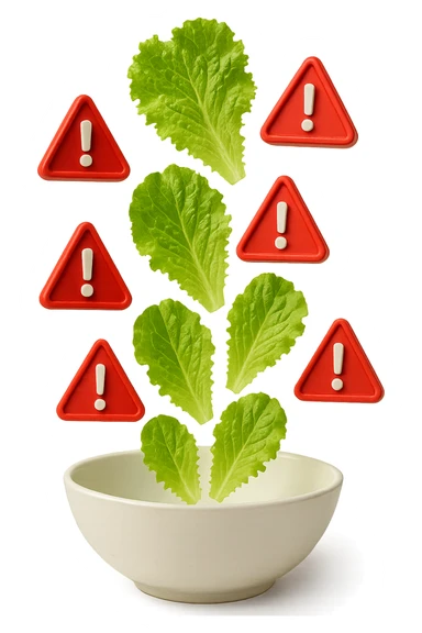 insalata che cade verticalmente in una bowl bianca insieme a segnali triangolari di pericolo con punti esclamativi rossi in 3d, iperrealistica 4k sticker