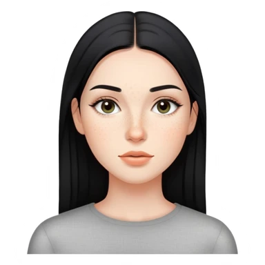 young woman with sleek black straight hair, natural makeup, and freckles across cheeks sticker