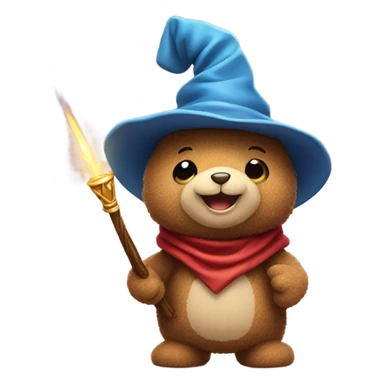 Cute teddy bear character wearing a wizard hat, holding a wand and smiling sticker