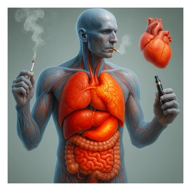 Medical illustration, hyperrealistic 4K, realistic anatomical human body, inflamed liver and intestine highlighted, holding a lit normal cigarette in the right hand and an electronic cigarette in the left hand, clear background, extremely detailed, same lighting and style as the reference image. sticker