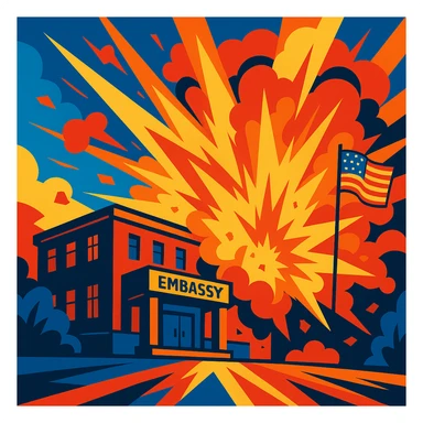 an embassy with a dramatic explosion, vibrant colors, dynamic action sticker