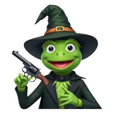 Kermit the frog wearing a witch hat pointing a gun at himself sticker